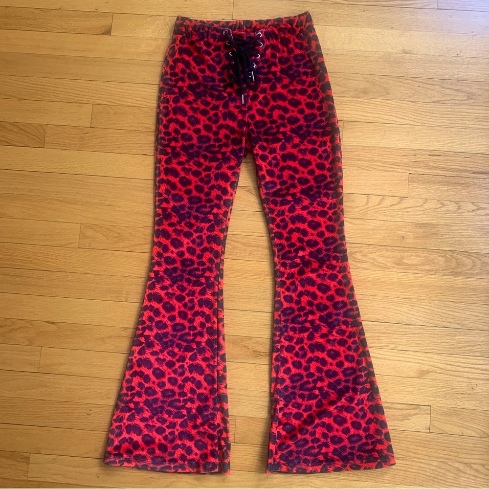 Pretty Attitude red leopard animal print velvet flare pants bell bottoms